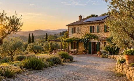 Fotovoltaico seconda casa: casale in pietra nella campagna toscana al tramonto con pannelli sul tetto