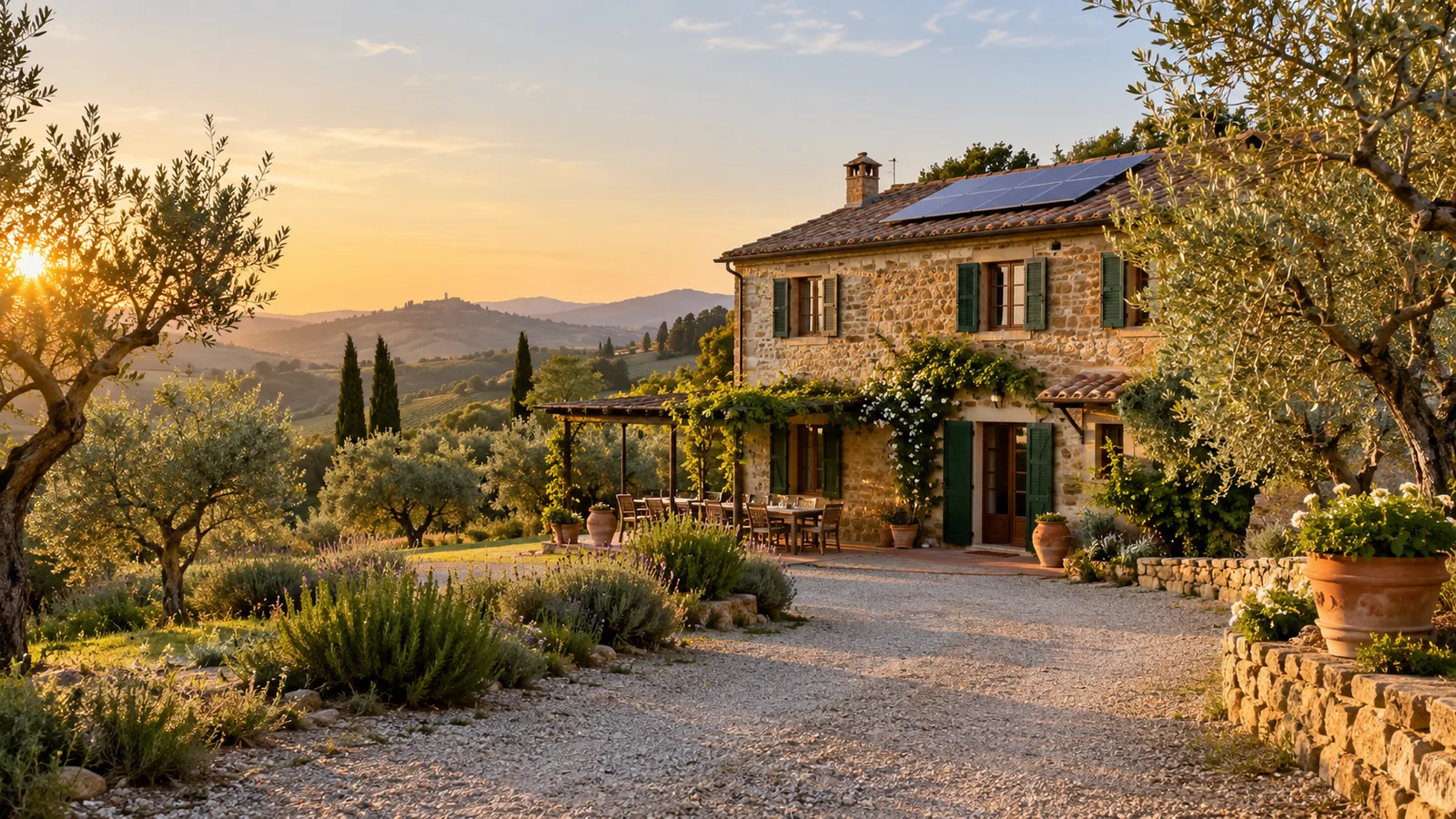 Fotovoltaico seconda casa: casale in pietra nella campagna toscana al tramonto con pannelli sul tetto