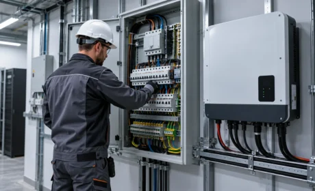 Fotovoltaico trifase: tecnico con casco controlla il quadro elettrico accanto a un inverter a parete in un edificio