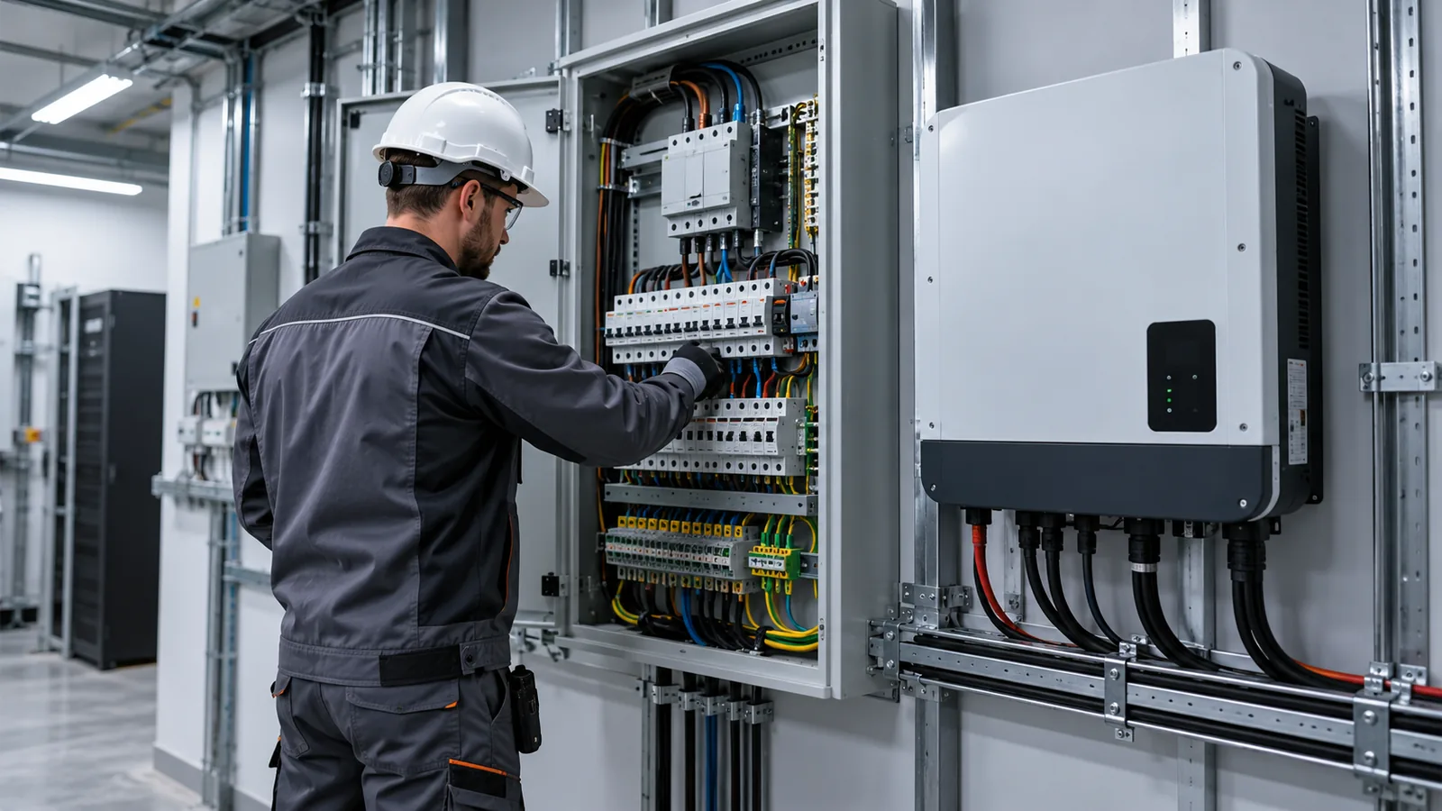 Fotovoltaico trifase: tecnico con casco controlla il quadro elettrico accanto a un inverter a parete in un edificio